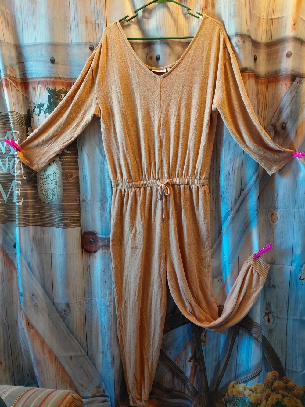 Serra Women's Tan Long-Sleeve Drawstring-Waist Jumpsuit